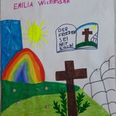 genaltes Kinderbild mit Kreuz, Regenbogen, Sonne und einer Bibel