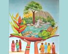 Gemaltes Bild: zwei Hände tragen Schöpfung mit Wasser, Bäumen und Tieren. Darunter stehen sieben Frauen der verschiedenen Volksgruppen Surinams.